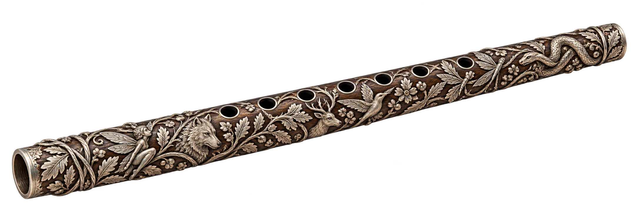 Flauta de Shirdal de madera oscura con tallas plateadas
