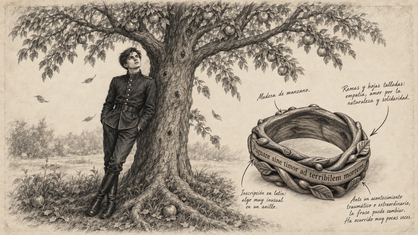 Lámina horizontal dibujada a lápiz: Edmund Wagner joven junto a un manzano y su anillo de madera, con anotaciones y flechas integradas en la ilustración