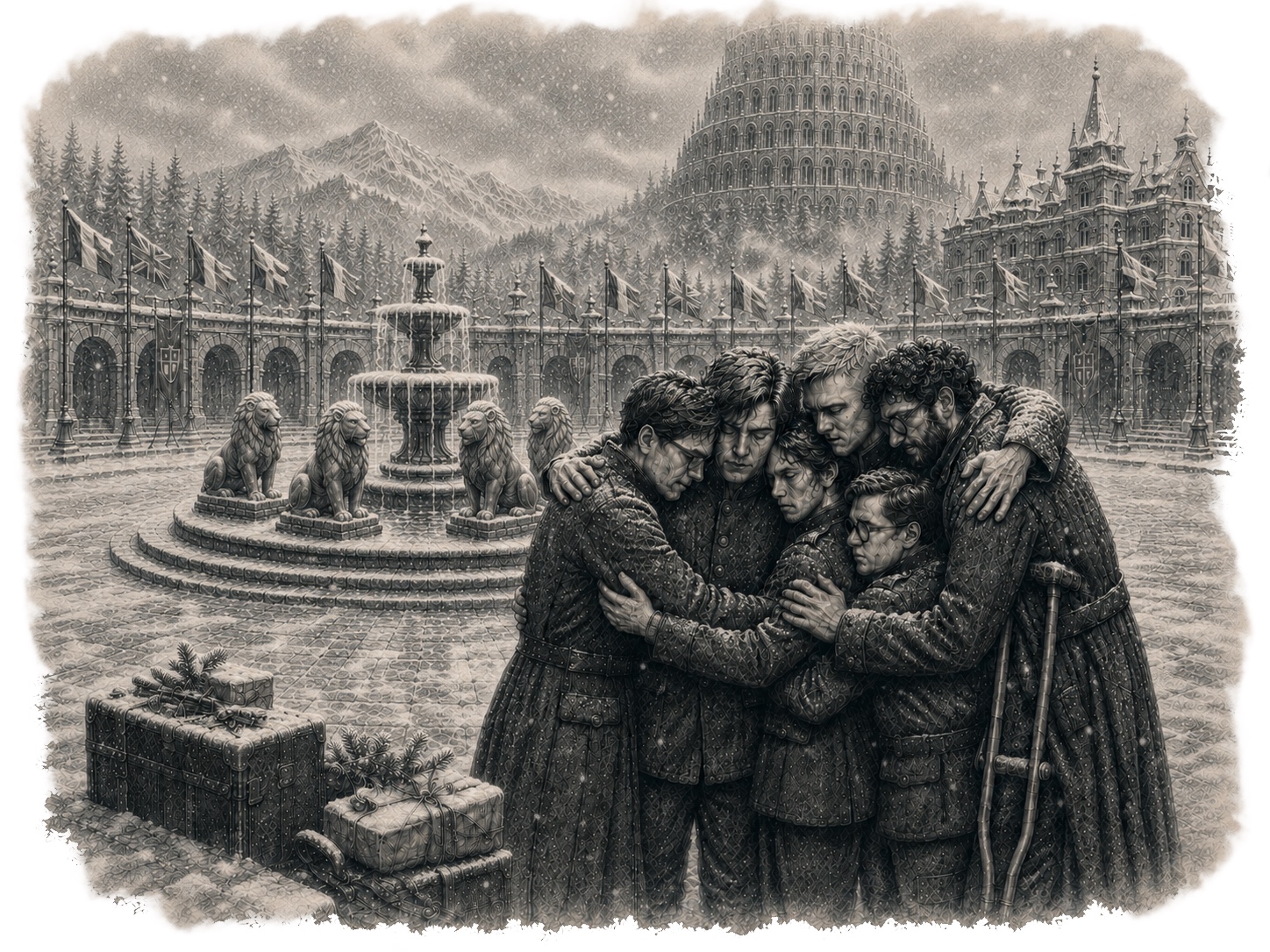 Edmund Wagner y sus compañeros reunidos en la explanada nevada de Belux